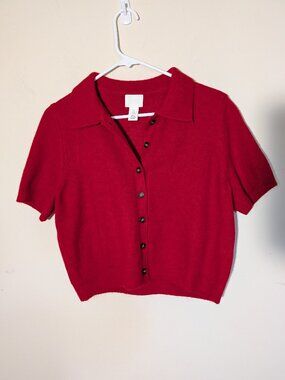 H&M Collared Short Sleeve Wool Blend Button Cropped Knit Cardigan Sz L Red